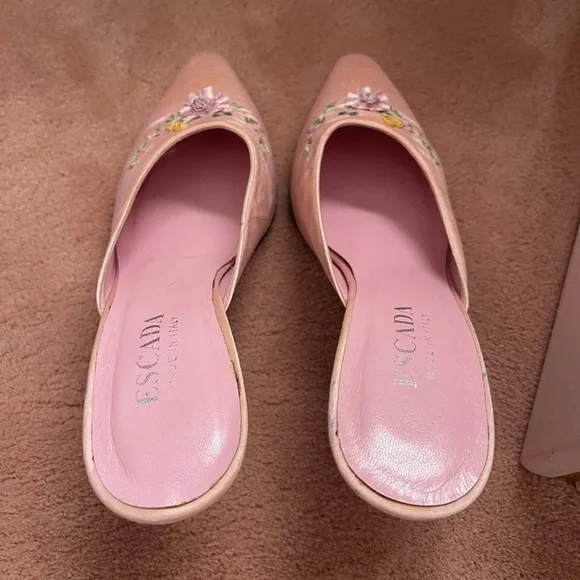 Escada Authentic Pink Silk Kitten Heel Mules Size 7.5B - Picture 4 of 10